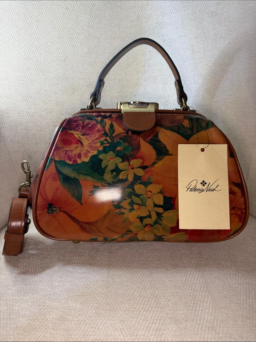 Patricia Nash Floral Printed Leather Satchel in Brown and Green